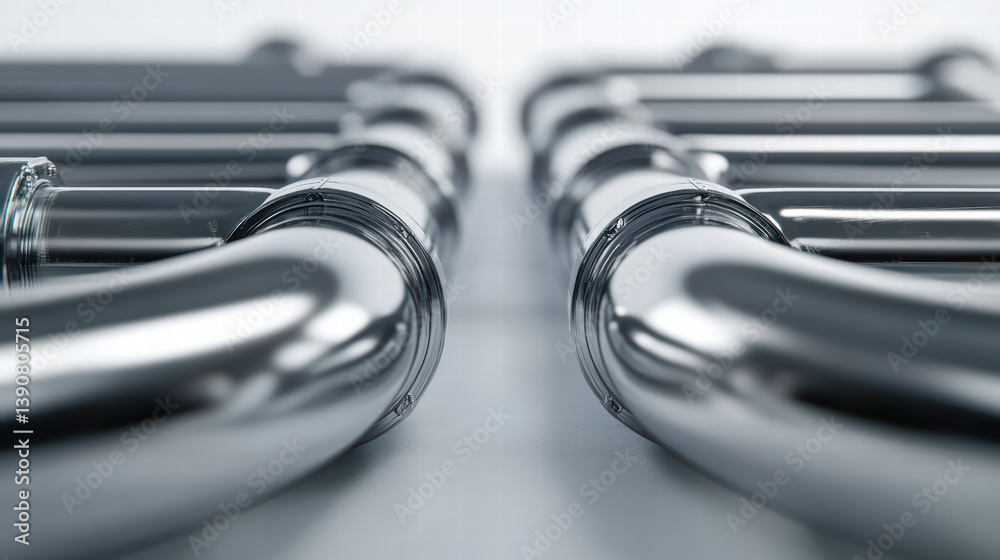 Metallic pipes in symmetrical line: A close-up shot focuses on two lines of shiny, metallic pipes running in parallel. The chrome-like surfaces reflect the light. Metallic pipes in symmetrical line: A close-up shot focuses on two lines of shiny, metallic pipes running in parallel. The chrome-like surfaces reflect the light.