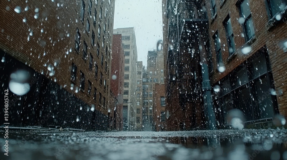 Obraz premium Rainy alleyway city street flood low angle