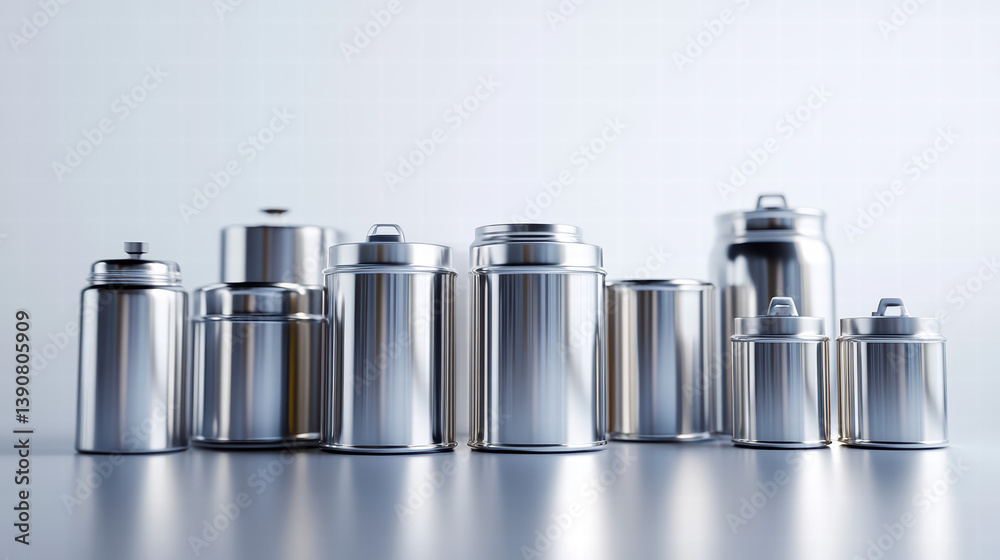 Metallic Ensemble: A stunning collection of gleaming metallic containers of varied sizes and forms, reflecting industrial elegance and innovation. Metallic Ensemble: A stunning collection of gleaming metallic containers of varied sizes and forms, reflecting industrial elegance and innovation.