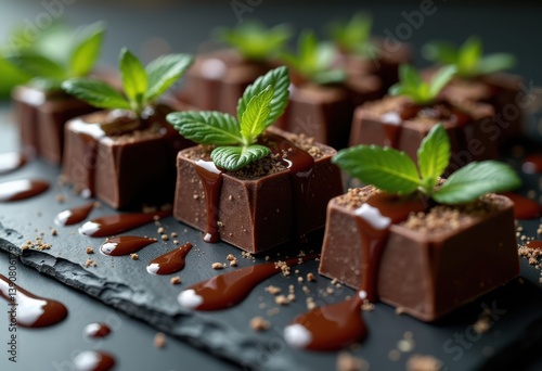 Wallpaper Mural dark chocolate pieces mint leaves slate gourmet dessert presentation fresh ingredients elegant, food, decadent, indulgence, bitter, flavor, oil, natural Torontodigital.ca