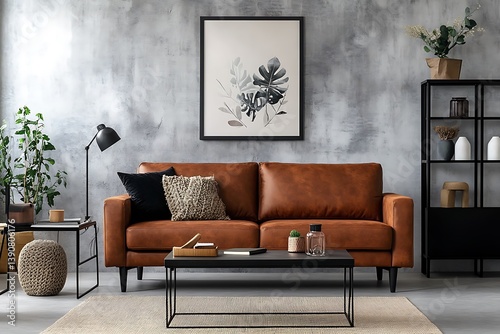 
Interior design of loft industrial apartment with mock up poster frame, brown sofa, coffee table and black commode and personal accessories. Concrete gray wall. Home decor. Template.

