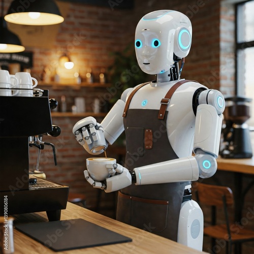 Robot barista prepares coffee in a cozy coffee shop. photo