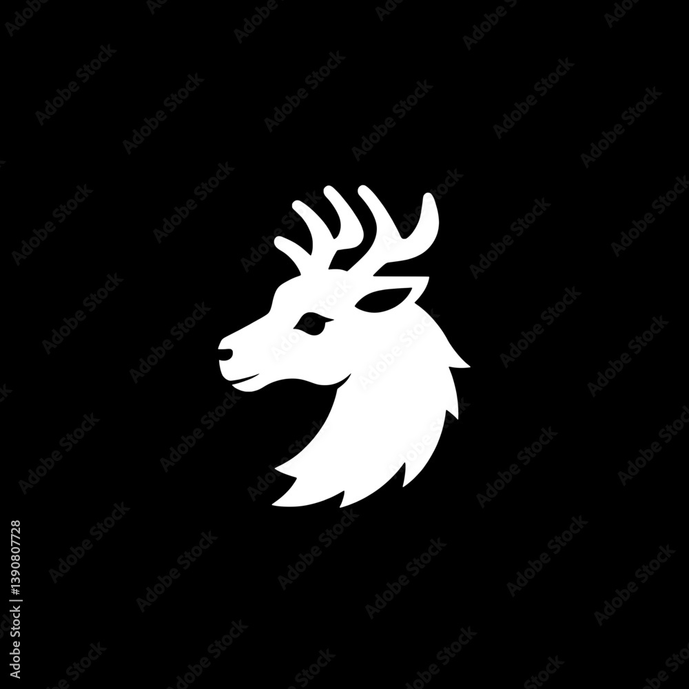 Fototapeta premium Stylized deer head logo in white on black, showcasing minimalist modern design with an emphasis on negative space