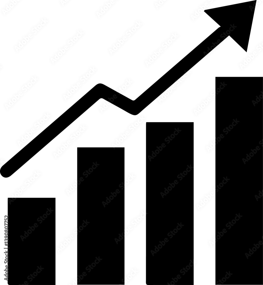 Black and white vector icon, bar graph with up arrow symbolizing growth, finance and success, simple geometric design, transparent background Black and white vector icon, bar graph with up arrow symbolizing growth, finance and success, simple geometric design, transparent background