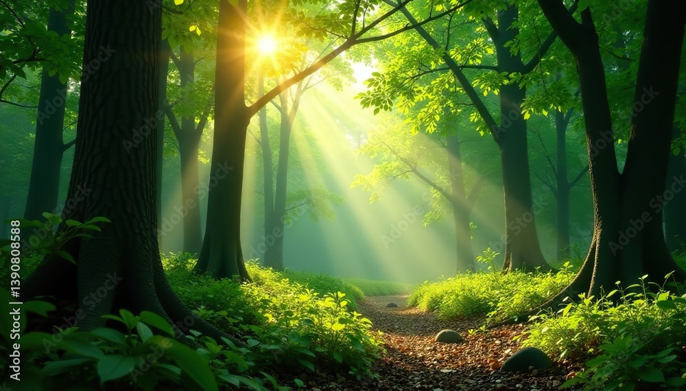 Obraz premium Tranquil forest scene with sunlight filtering through leaves, creating a peaceful ambiance, serene, nature