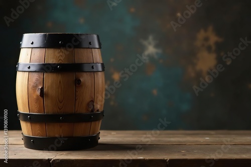 Rustic wooden barrel sitting on a table with a textured background,  rustic,  background