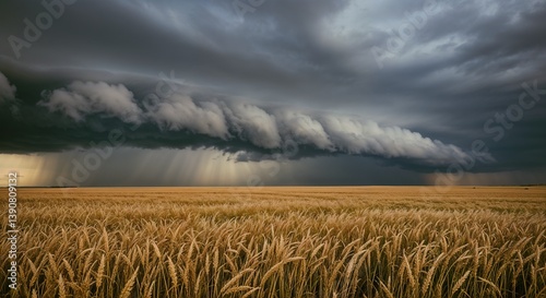 Photorealistic wheat field under stormy sky, golden crops swaying in wind with dramatic lighting and low horizon wide shot photo