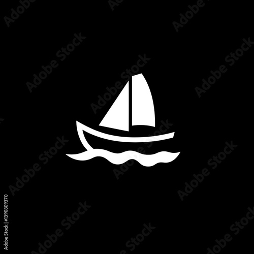 Minimalist white sailboat icon logo on black background utilizing negative space design