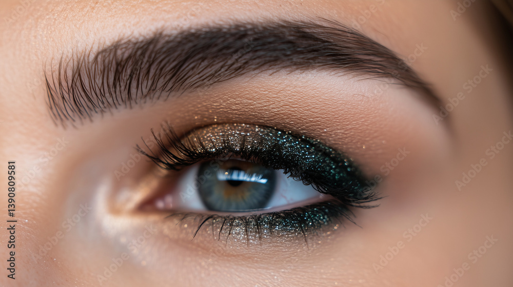 Mesmerizing Green and Gold Metallic Eye Makeup Close-Up Mesmerizing Green and Gold Metallic Eye Makeup Close-Up
