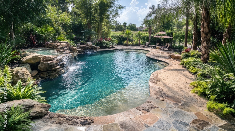 Naklejka premium Serene Tropical Pool Surrounded by Lush Greenery and Rock Features in a Bright Sunny Day