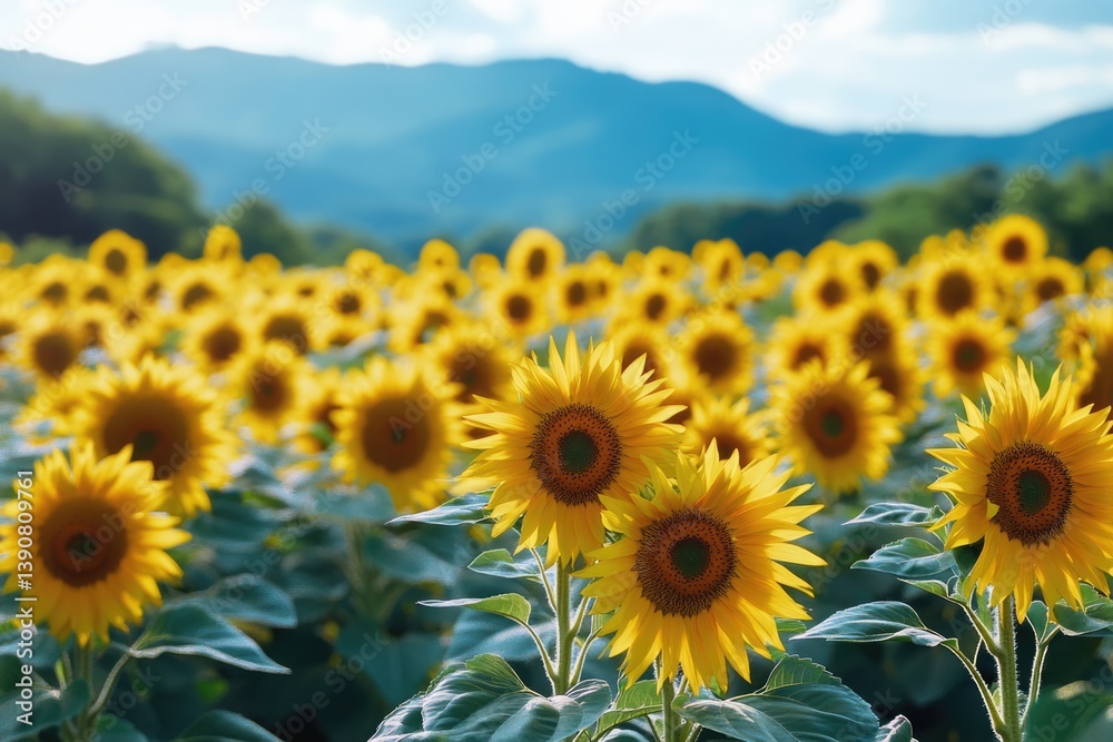 Fototapeta premium A vibrant field of sunflowers basks in sunlight against a backdrop of majestic mountains.