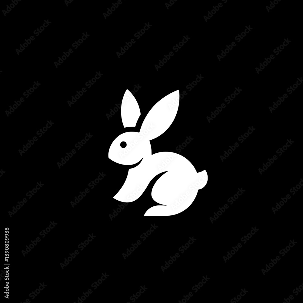 Fototapeta premium Minimalist white rabbit icon on black background showcasing modern design principles in vector format