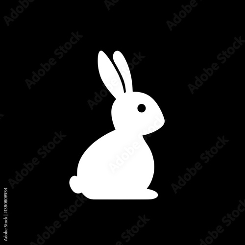 Minimalist white rabbit icon designed in black background showcasing modernist vector art style with negative space elements