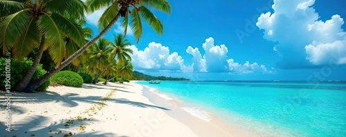 Sandy Caribbean beach with crystal clear turquoise water and palm trees,  serene,  shoreline
