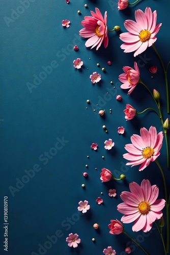 Scattered spring flowers on dark blue background with copy space, top view,  vibrant,  blooming
