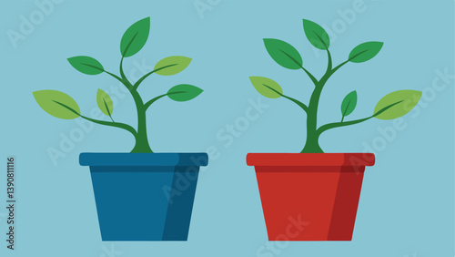 Growth Together A pair of plants growing side by side their roots intertwined signifying mutual growth in a relationship versus a wilting plant isolated in a single pot.
