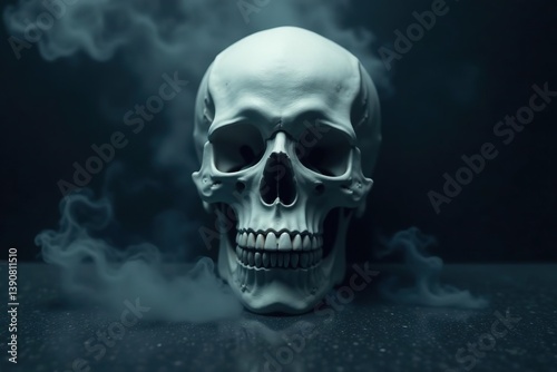 Spooky skull-shaped fog envelops dark Halloween background with real mist swirling on black floor,  misty,  dark