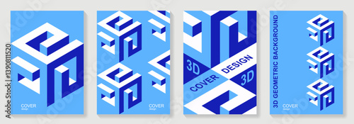 Abstract 3d geometric poster background vector set. Blue minimalist style cover template with 3d shapes. Modern architectural illustration for cover design, social media, banner, flyer, catalog, ads.