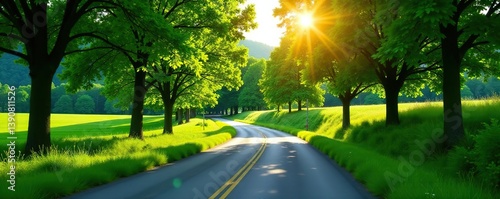 Scenic countryside road winding through lush green trees, capturing the serenity of rural landscapes, scenic,  distance