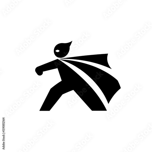 Modern minimalist superhero icon design featuring dynamic movement in black and white