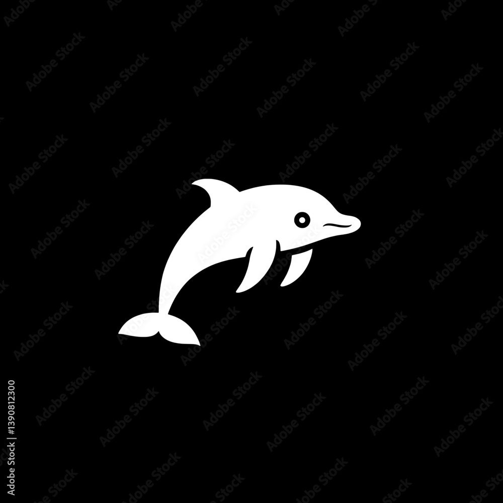 Fototapeta premium Dolphin silhouette in minimalist design with black background and white vector illustration showcasing modernist style