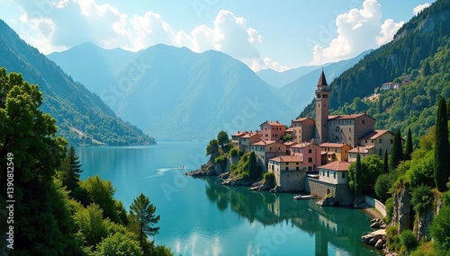 Scenic Italian landscape featuring a picturesque town nestled by a tranquil lake surrounded by lush nature,  town,  destination