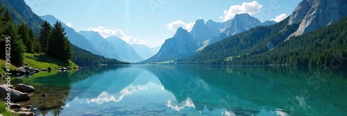 Scenic Lake Prags with crystal clear waters reflecting towering Dolomite mountains in Italy,  tranquil,  tourism