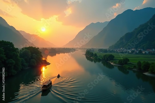Scenic Li river sunrise with sun rays illuminating little towns and lush farmland,  travel,  countryside