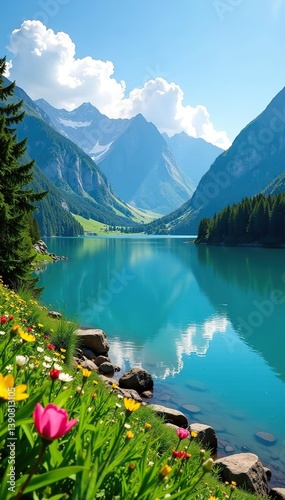 Scenic panorama of Bachalpsee Lake in summer, with lush greenery, crystal clear water, and majestic mountains in the background,  reflection,  Europe