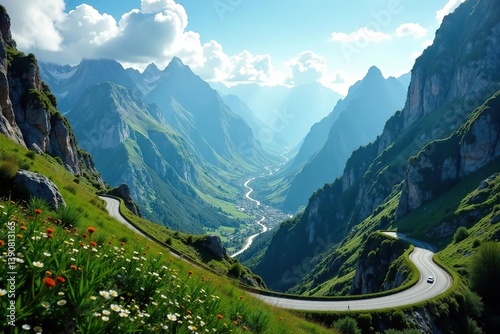 Scenic mountain pass with winding road offering breathtaking views of jagged cliffs and lush valleys,  travel,  twisting