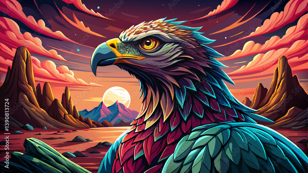 Fototapeta premium Eagle portrait on an alien rock formation under a strange colored sky, animal banner