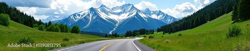 Scenic road winding through Absaroka Mountain Range with snow-capped peaks and lush green forests,  mountaintop,  peak