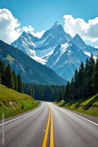 Scenic road winding through Absaroka Mountain Range with snow-capped peaks, lush forests, and clear blue sky,  travel, scenic