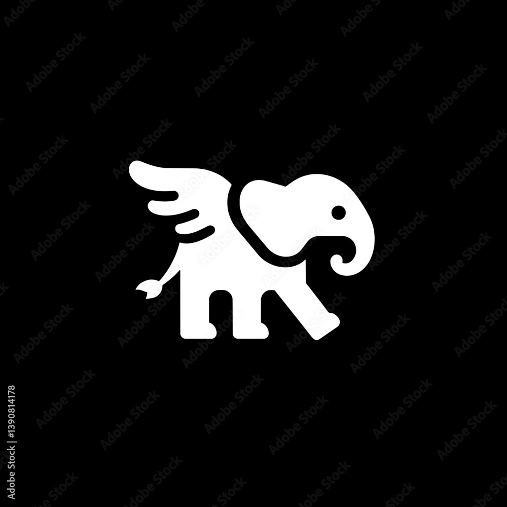 Fototapeta premium Stylized logo featuring a winged elephant design in white on a black background showcasing modern minimalism