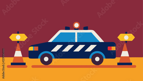 Police Car with Lights Flashing A police car with its lights flashing parked at an angle to create a roadblock with officers standing by and directing traffic.