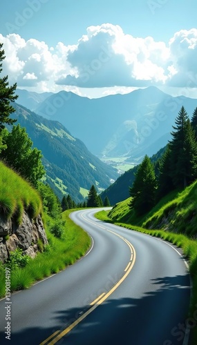 Scenic road winding through lush green hills with panoramic view of mountains and valleys,  road,  hills