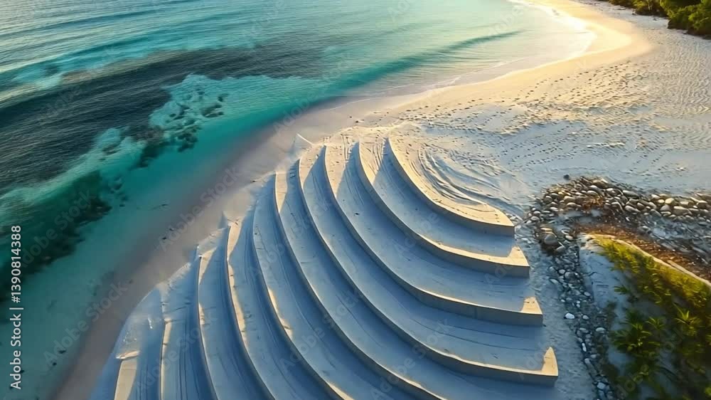 Sandy steps ascend shore near tranquil ocean landscape serenity