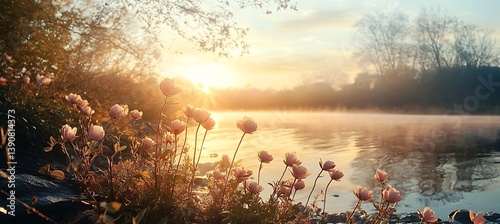 A photograph capturing serene beauty of a tranquil landscape at dawn, with gentle sunlight, a peaceful body of water, and promise of a fresh start

