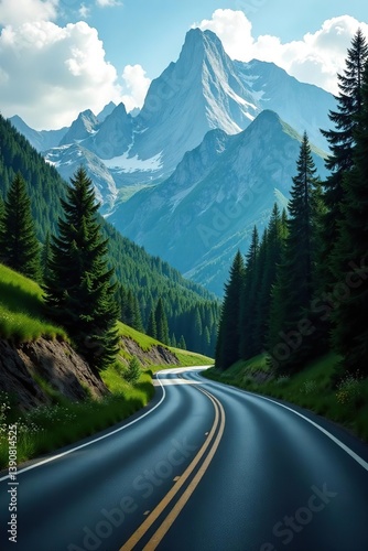 Scenic road winding through majestic mountains and lush forests,  road,  adventure