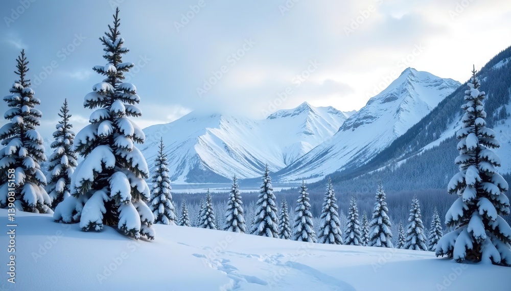 Obraz premium Snowy forest in the Chugach Mountains near Anchorage with frozen trees creating a winter wonderland scene, forest, snow-covered