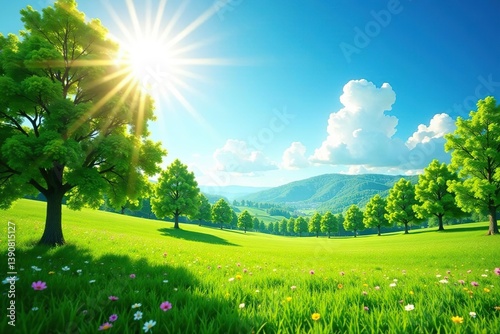 Scenic summer landscape with lush green trees and blooming meadows under bright sunshine,  sunny,  outdoors