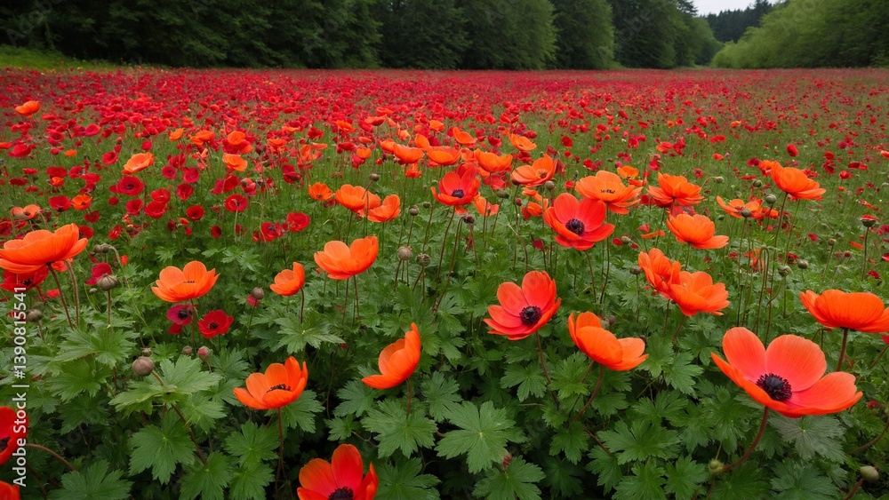 Obraz premium A Serene Landscape of Vibrant Red and Orange Flowers Blooming Profusely Against a Backdrop of Lush Green Trees.