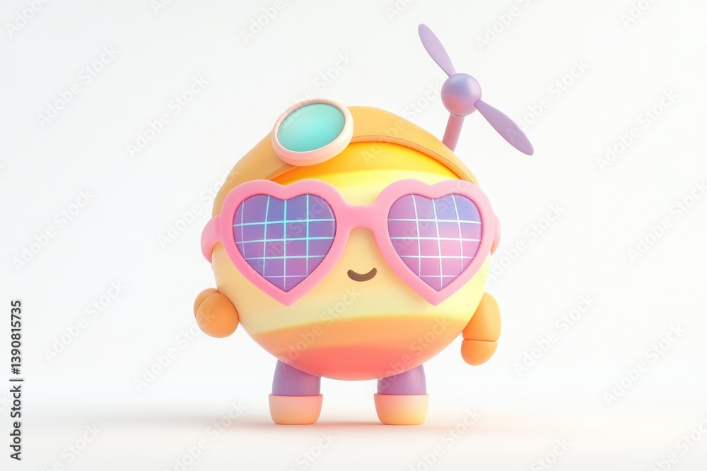 Fototapeta premium Cute 3D render of a cheerful, round robot with heart-shaped sunglasses and a propeller.