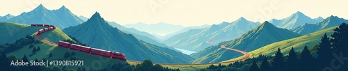 Scenic train routes winding through mountains and valleys in a simple line vector illustration,  valleys,  landscape