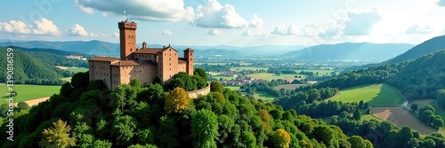 Scenic vertical view of Monteveglio castle in Bologna, Italy surrounded by lush greenery and rolling hills, Italy,  background