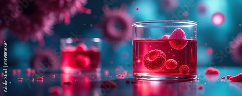 Stem cells being cultivated in red growth medium in a culture jar, with a blurred microscope image of cell structure in the background,  science,  cell structure