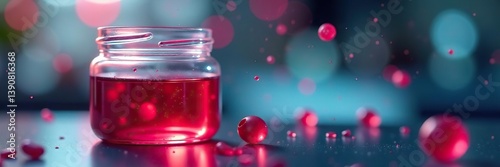 Stem cells in red growth medium in culture jar with microscope image in background, stem cells,  technology