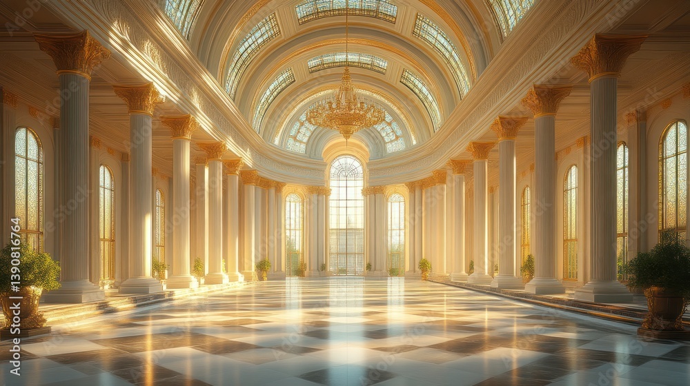 Fototapeta premium Grand Hall with Golden Columns and Stained Glass Windows Elegant Interior Design Luxurious Ar