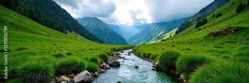 Stream flowing through lush green valley under cloudy skies in Annapurna, Nepal,  adventure,  travel