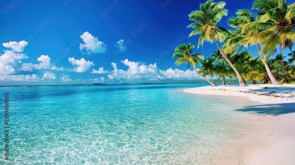 Palm trees leaning over a tropical white sand beach and turquoise sea Palm trees leaning over a tropical white sand beach and turquoise sea